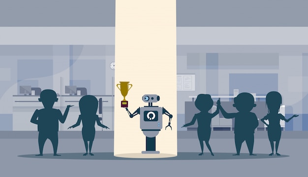 Successul Robot Stojący W Miejscu Light Holding Golden Cup Winner Artificial Intelligence Concept
