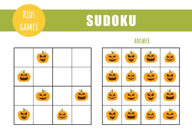 Sudoku dla dzieci Arkusz aktywności dla dzieci Gra logiczna z halloweenowymi dyniami