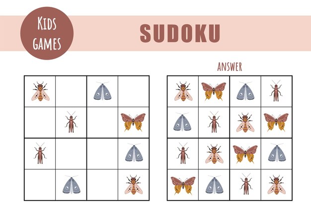 Sudoku dla dzieci Arkusz aktywności dla dzieci Gra logiczna z motylami boho
