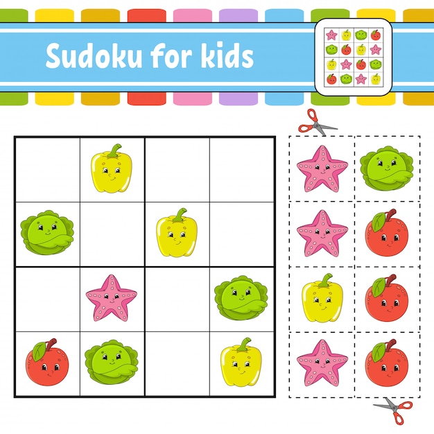 Sudoku dla dzieci. Arkusz rozwijający edukację. Strona aktywności ze zdjęciami.