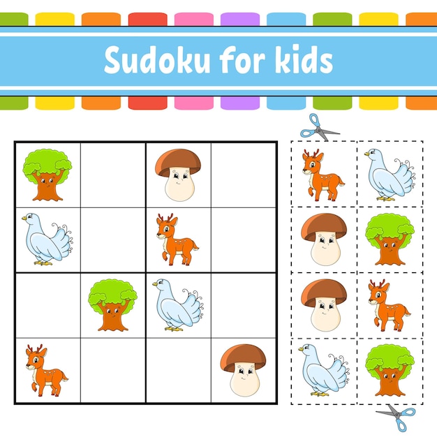 Sudoku dla dzieci Edukacja rozwijanie arkusza Strona aktywności ze zdjęciami Gra logiczna dla dzieci Trening logicznego myślenia Ilustracja na białym tle wektor Zabawna postać w stylu kreskówki