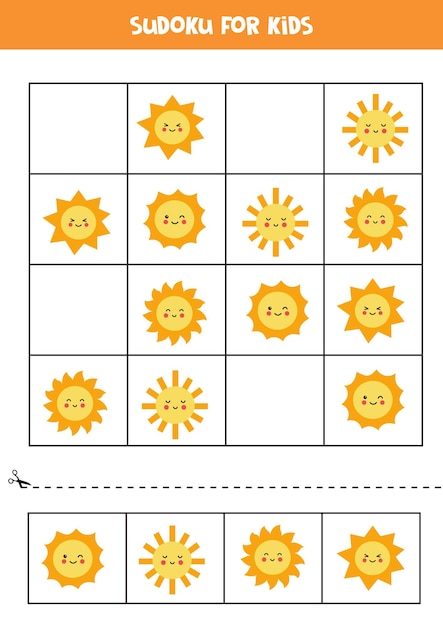 Sudoku Dla Dzieci W Wieku Przedszkolnym. Gra Logiczna Ze Słodkimi Kawaii Suns.