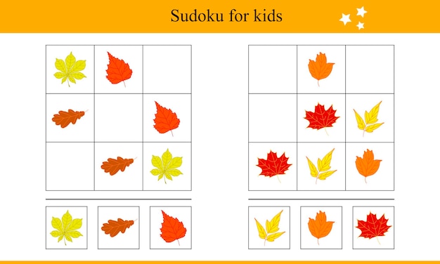 Sudoku dla dzieci z jesiennymi liśćmi. Gra edukacyjna dla dzieci. Ilustracja wektorowa
