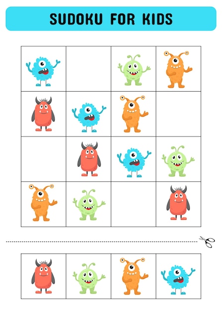 Sudoku dla dzieci z potworami Dzieci arkusz aktywności Zabawne puzzle sudoku z uroczymi potworami.