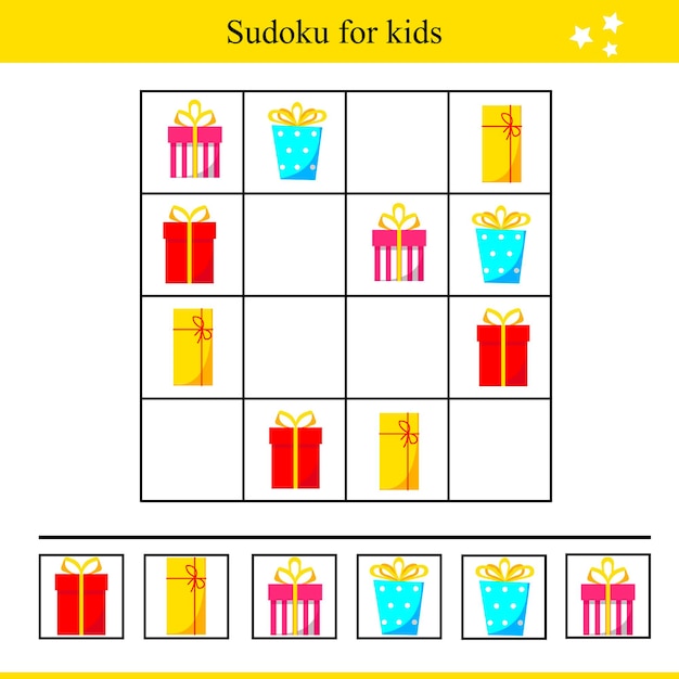 Sudoku dla dzieci z prezentami. Gra edukacyjna dla dzieci