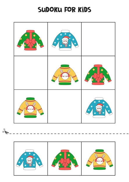 Plik wektorowy sudoku dla dzieci ze swetrami świątecznymi.
