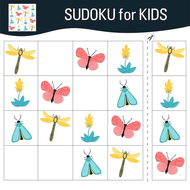 Sudoku dla dzieci ze zdjęciami. Kreskówka motyle, owady i elementy świata przyrody. Wektor.