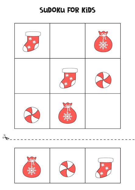 Plik wektorowy sudoku dla dzieci ze zdjęciami świątecznymi.