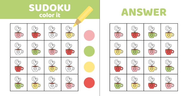 Sudoku do malowania filiżanka kawy Sudoku z czterema gorącymi filiżankami Gra dla dzieci Karikatura wektorowa eps 10