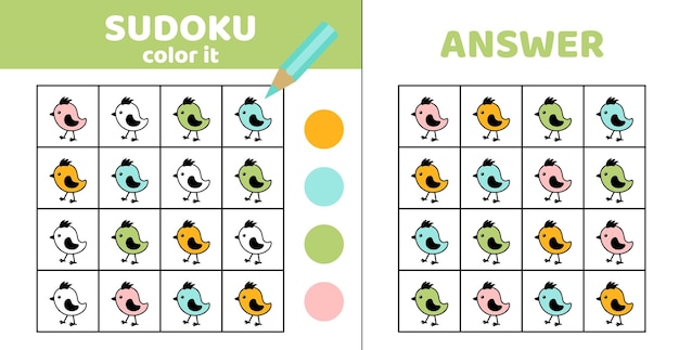Sudoku do malowania ptaki Sudoku z czterema małymi ptakami Gra dla dzieci Karikatura wektorowa eps 10