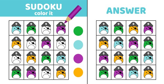 Sudoku Pirate Kolorowanie sudoku z piratem Squishmallow Cartoon płaski wektor eps 10