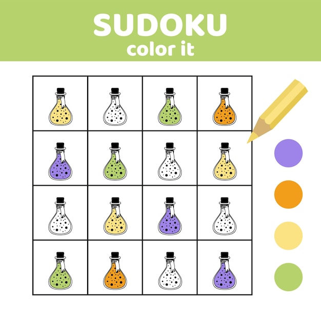 Plik wektorowy sudoku z butelkami na mikstury kolorowanie sudoku z butelkami na mikstury halloween cartoon