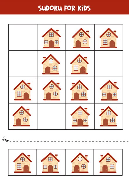 Sudoku z domami kreskówek. Arkusz logiczny dla dzieci.