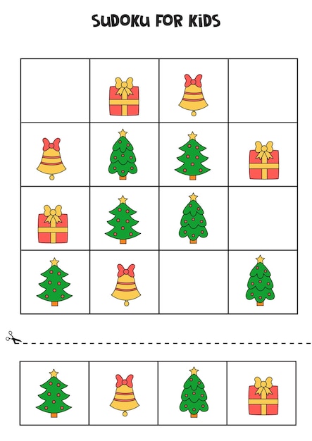 Sudoku z elementami świątecznymi dla dzieci w wieku przedszkolnym. Gra logiczna.