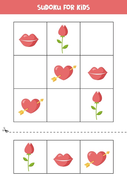 Sudoku Z Elementami Walentynki Dla Dzieci W Wieku Przedszkolnym. Gra Logiczna Dla Dziewczyn.