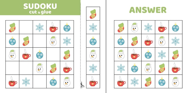 Sudoku z elementami zimowymi Gra układanka dla dzieci Cięć i kleić Karikatura izolowany wektor eps 10