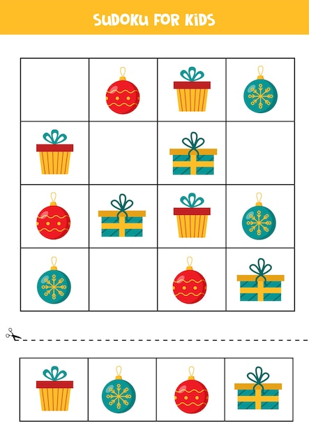 Sudoku z kolorowymi bombkami i pudełkami na prezenty