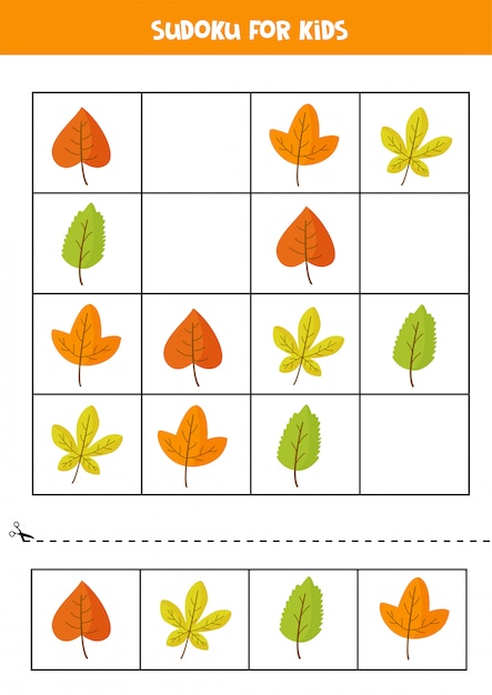 Sudoku z ładnymi jesiennymi liśćmi. Puzzle dla dzieci.