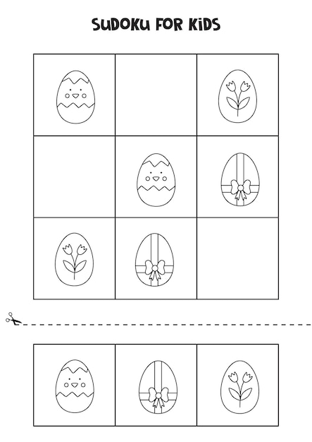 Sudoku Z Uroczymi Jajkami Wielkanocnymi Dla Dzieci W Wieku Przedszkolnym Czarno-biały Arkusz Roboczy