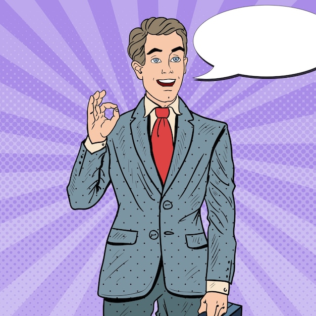 Sukcesy biznesmen pop-artu, pokazując OK z komiks dymek. Sukces biznesowy.