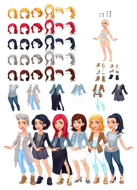Sukienki i fryzury gry Ilustracja wektorowa pojedyncze obiekty 6 fryzur z 5 kolorami każdego z nich 6 różnych sukni 5 kolorów oczy 6 butów