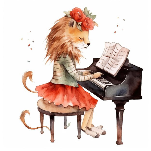 Plik wektorowy suknia lwa z kreskówki czerwone ubrania grające na pianinie