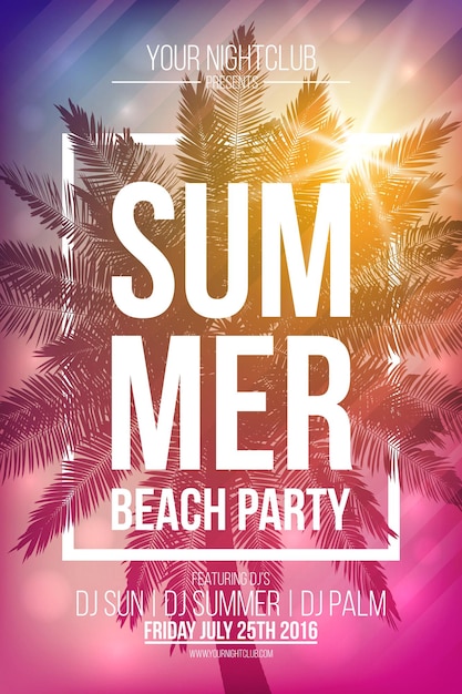 Summer beach party wektor ulotki szablon z dłoni i ramki. Tło wektor banner, plakat