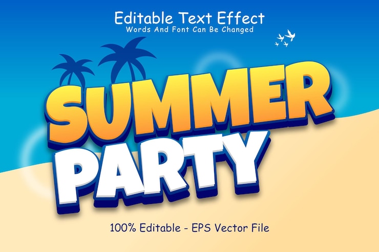 Wektor summer party edytowalny efekt tekstowy 3-wymiarowy wytłoczony styl kreskówek