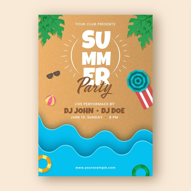 Summer Party Flyer, Karta Zaproszenie Z Elementami Plaży Na Brązowym I Niebieskim Tle.