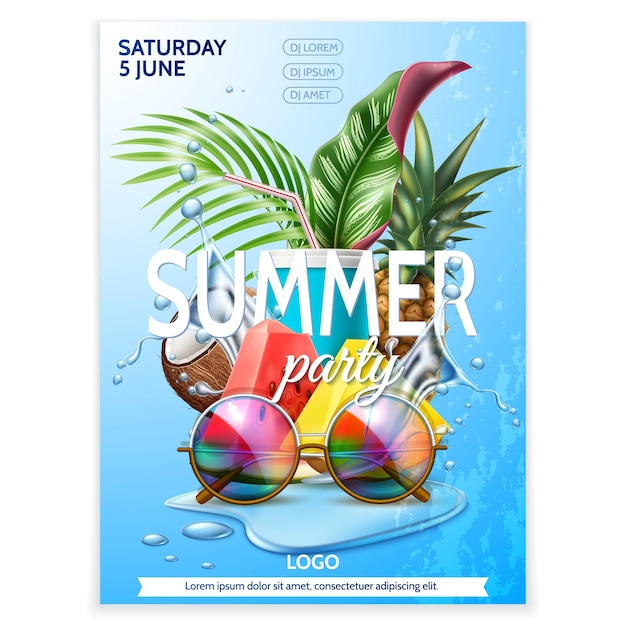 Summer party Okulary przeciwsłoneczne Tropikalne liście ananas arbuz owoce na tle plusk wody