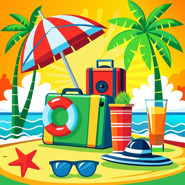 Plik wektorowy summer vacation holiday travel beach elements hand drawn flat stylish cartoon sticker icon concept
