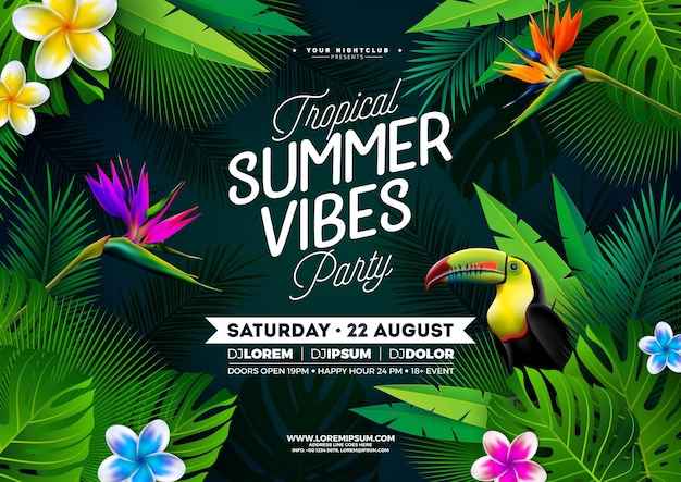 Summer Vibes Party Flyer Design z kwiatowymi tropikalnymi liśćmi palmowymi i ptakiem Tukan na zielonym tle