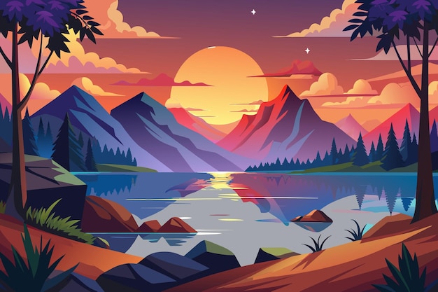 Plik wektorowy sunset lake landscape wektor kreskówki ilustracja koncepcja dzieła sztuki w stylu płaskim