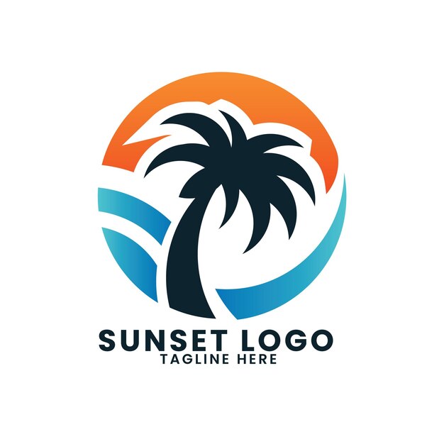 Sunset sea ocean beach logopalm tree logo design vectorwave logo designleaf tree logo design