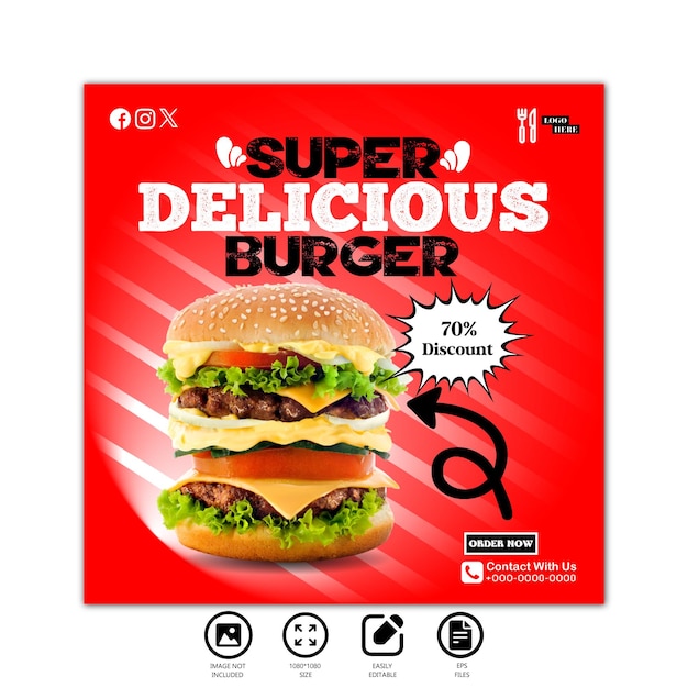 Plik wektorowy super pyszny projekt hamburgera post w mediach społecznościowych i szablon baneru