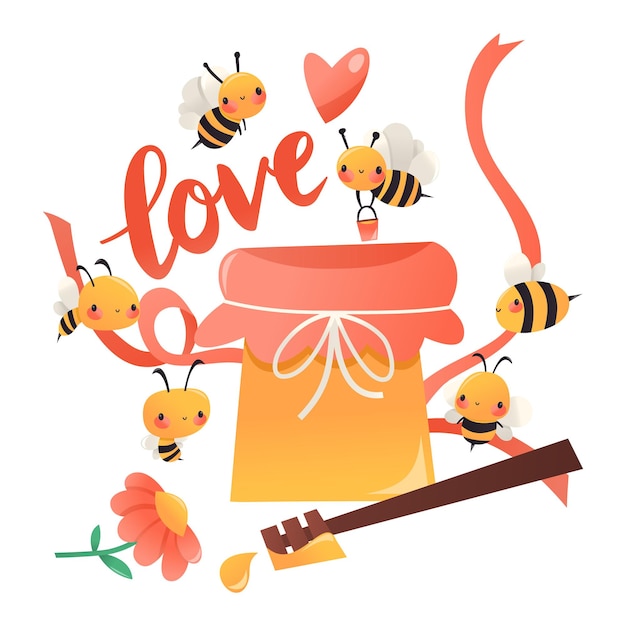 Super słodkie pszczoły z kreskówek wokół garnka z miodem