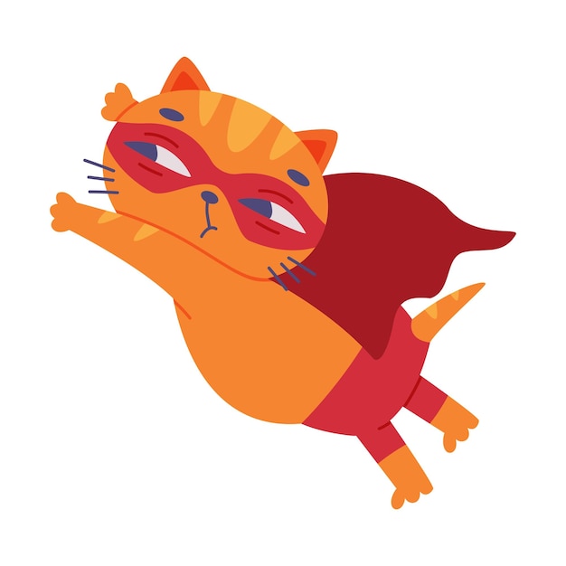 Superbohater Ginger Cat noszący czerwoną maskę i płaszcz latający z ilustracją wektorową mocy