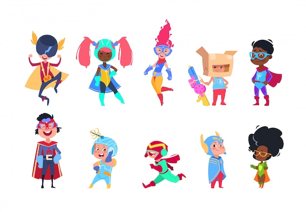 Superbohaterowie dla dzieci. Cartoon superhero dzieci. Chłopcy i dziewczęta w maski karnawałowe wektor zestaw znaków