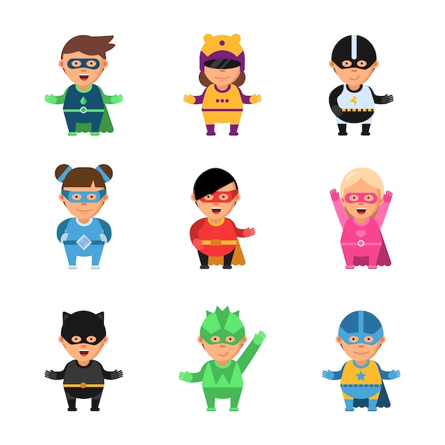 Superbohaterowie Dla Dzieci. Postaci Z Kreskówek 2d Bohaterów W Maskach Uroczych Męskich I żeńskich Sup Dzielnych Maskotek Komiksowych