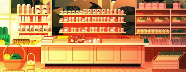Plik wektorowy supermarket spożywczy z półkami produktów detalicznych koncepcja konsumpcjonizmu nowoczesne wnętrze sklepu