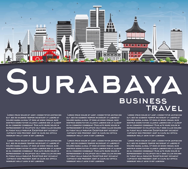 Surabaya Skyline Z Szarymi Budynkami, Błękitnym Niebem I Przestrzenią Kopiowania. Ilustracja Wektorowa. Podróże Służbowe I Koncepcja Turystyki Z Nowoczesną Architekturą. Obraz Banera Prezentacji I Witryny Sieci Web.