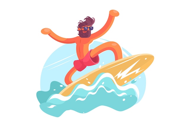Surfer facet na ilustracji fali. Brodaty mężczyzna cieszy się latem płaski styl.