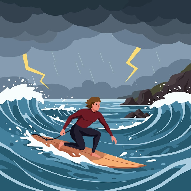 Wektor surfer jeździ na falach oceanicznych pod burzliwym niebem z piorunem