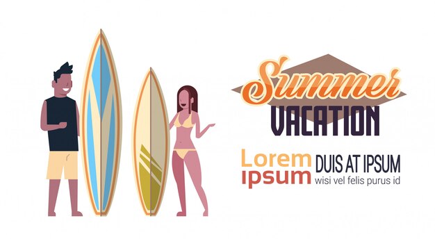 Surfer Para Letnie Wakacje Mężczyzna Kobieta Surfowania Pokładzie Na Białym Tle