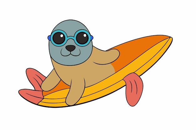 Surfer Seal Seal z deską do surfowania i chłodnymi odcieniami Ilustracja wektorowa do projektowania grafiki do drukowania