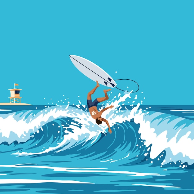 Surfer spadający z deski surfingowej na potężnej ilustracji fal oceanicznych