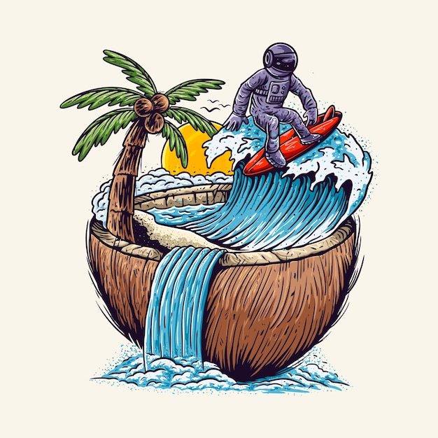 Surfing Astronauta Na Kokosowej Plaży Handdrawn Ilustracja