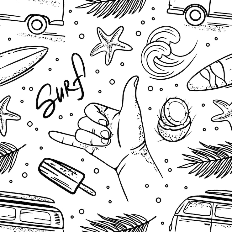 Wektor surfing black letnie wakacje rejs morze plaża podróż bez szwu wzór ilustracji wektorowych do druku