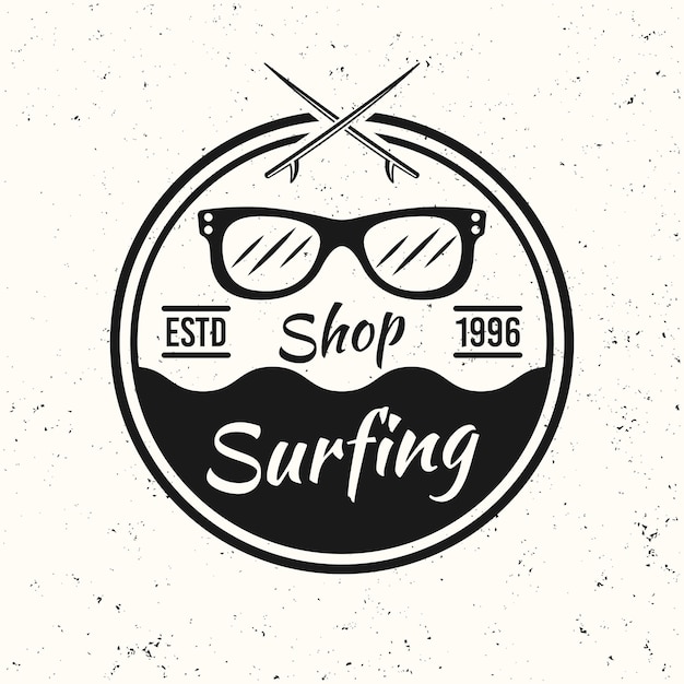 Surfing Czarny Vintage Okrągły Godło, Odznaka, Etykieta Lub Logo Z Ilustracji Wektorowych Okulary Przeciwsłoneczne Na Białym Tle Z Teksturą