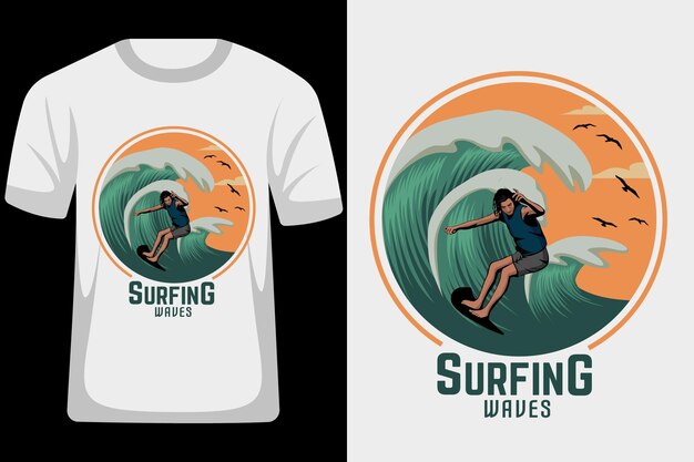 Surfing Waves Retro Vintage T Shirt Design